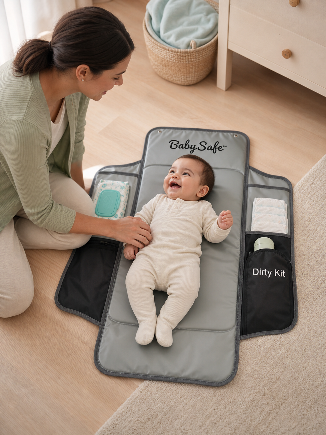 Parent using the open BabySafe changing pad with a baby
