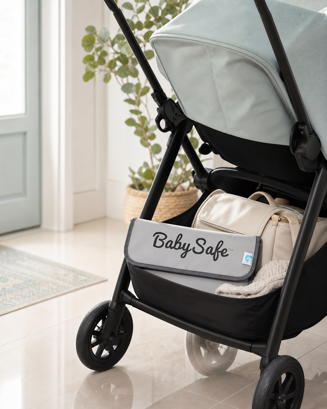 Folded BabySafe changing pad stored in a stroller basket